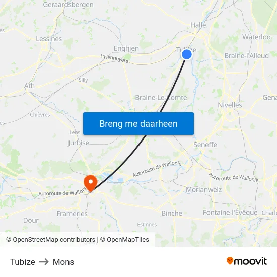 Tubize to Mons map