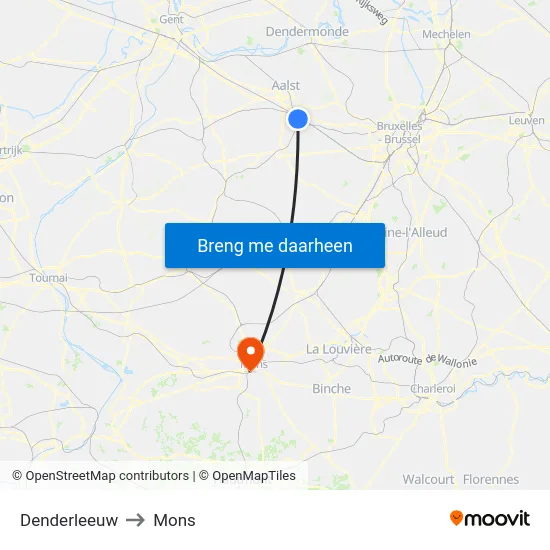 Denderleeuw to Mons map