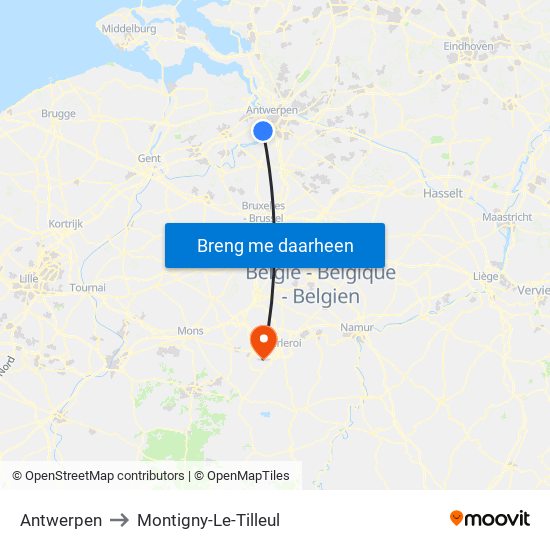 Antwerpen to Montigny-Le-Tilleul map
