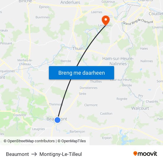 Beaumont to Montigny-Le-Tilleul map