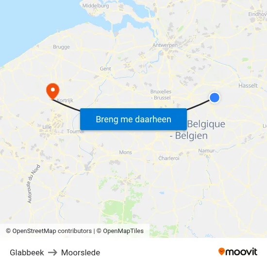 Glabbeek to Moorslede map