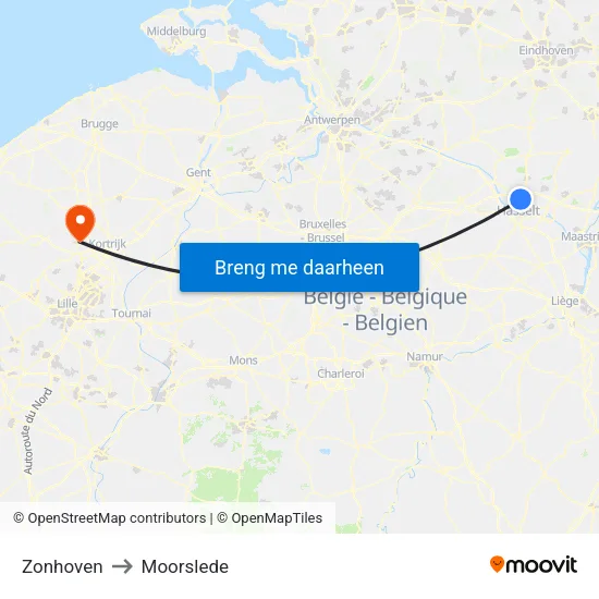 Zonhoven to Moorslede map