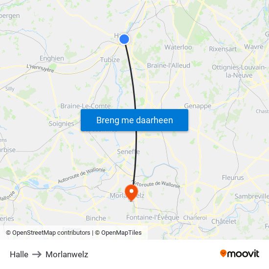 Halle to Morlanwelz map