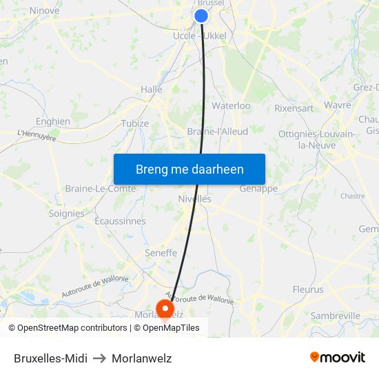 Bruxelles-Midi to Morlanwelz map