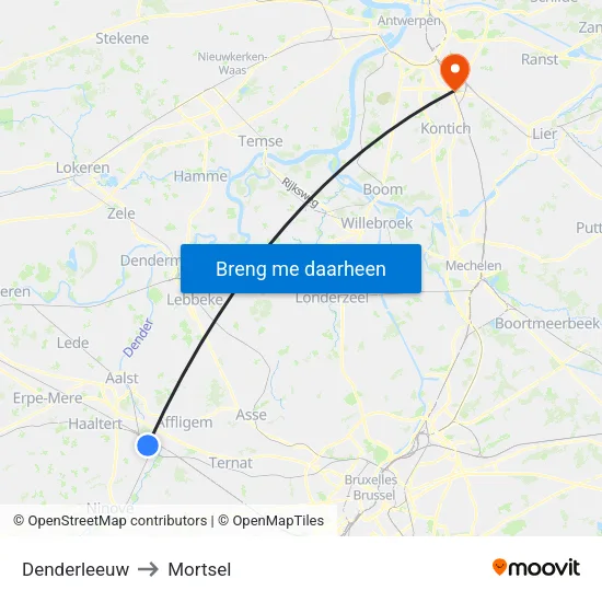 Denderleeuw to Mortsel map