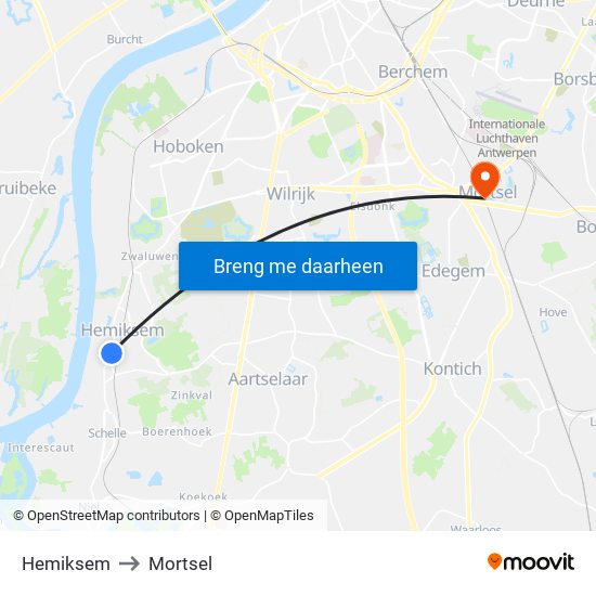 Hemiksem to Mortsel map