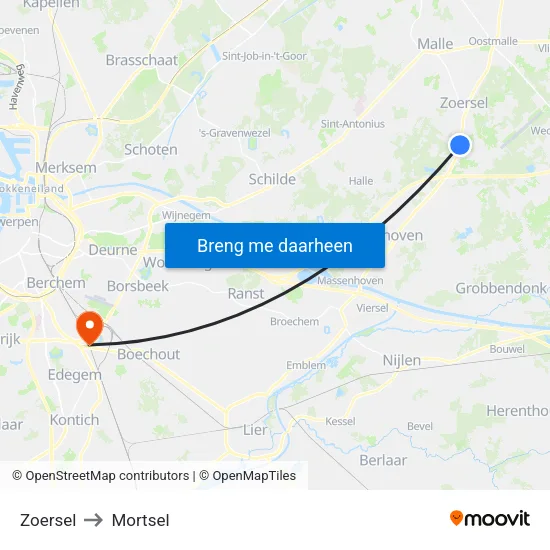 Zoersel to Mortsel map
