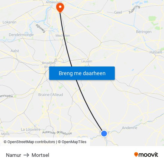 Namur to Mortsel map