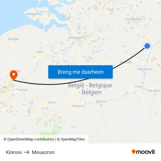 Kinrooi to Mouscron map