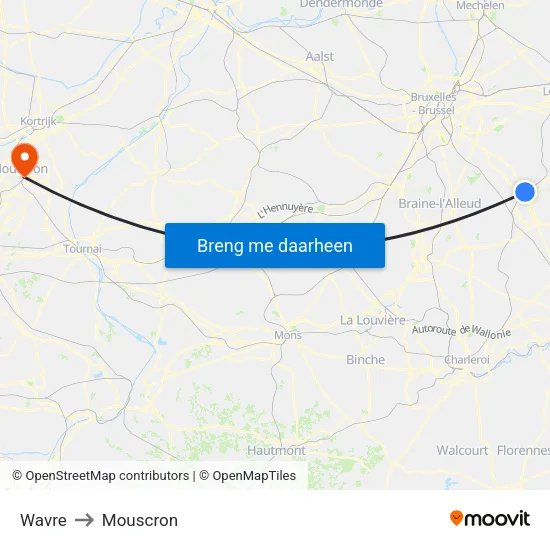 Wavre to Mouscron map