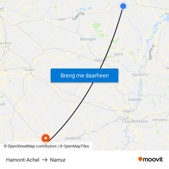 Hamont-Achel to Namur map