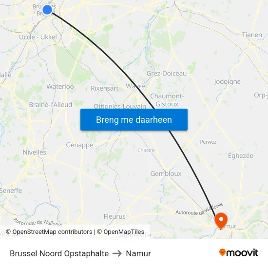 Brussel Noord Opstaphalte to Namur map