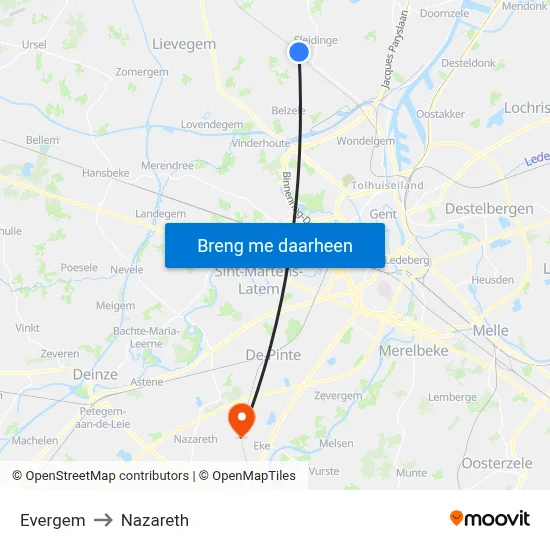 Evergem to Nazareth map