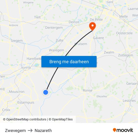 Zwevegem to Nazareth map