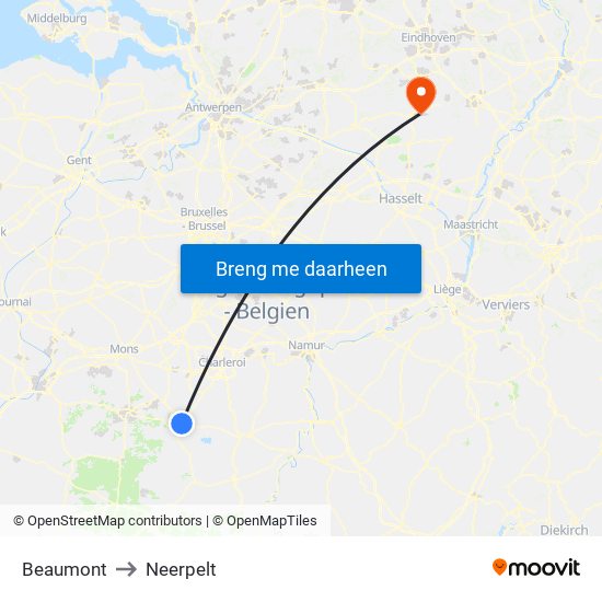 Beaumont to Neerpelt map