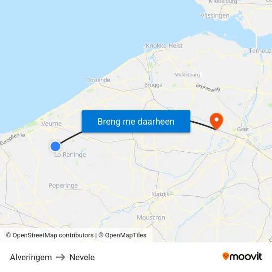 Alveringem to Nevele map