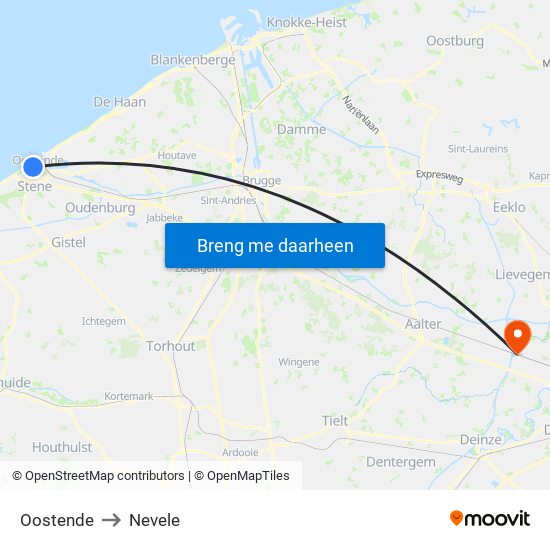 Oostende to Nevele map