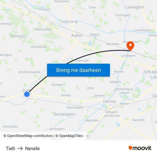 Tielt to Nevele map