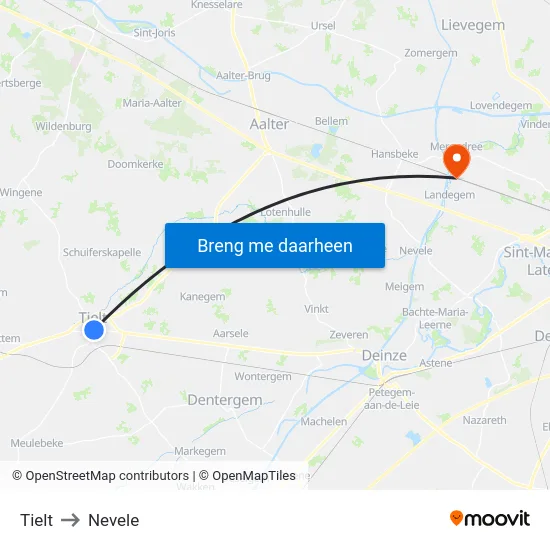 Tielt to Nevele map