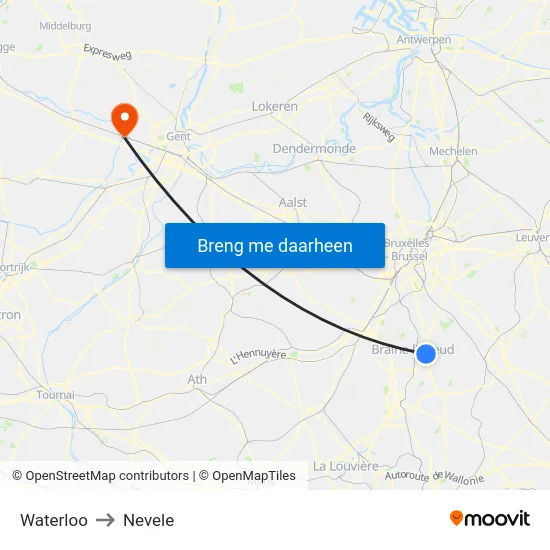 Waterloo to Nevele map