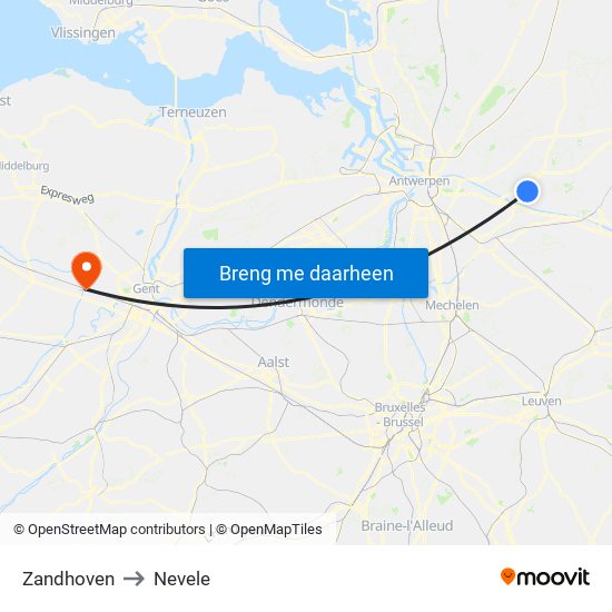 Zandhoven to Nevele map