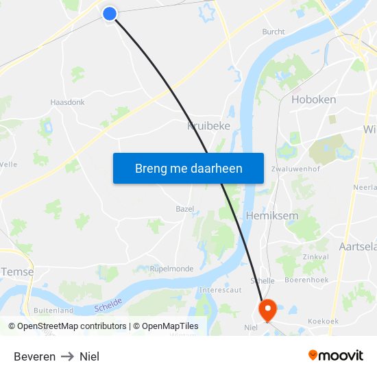 Beveren to Niel map