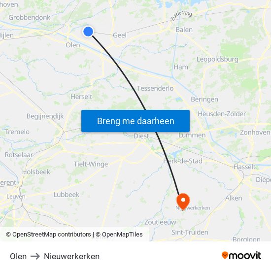 Olen to Nieuwerkerken map