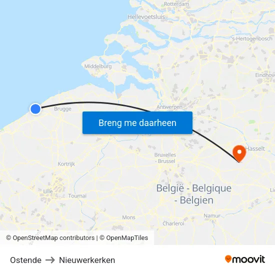 Ostende to Nieuwerkerken map
