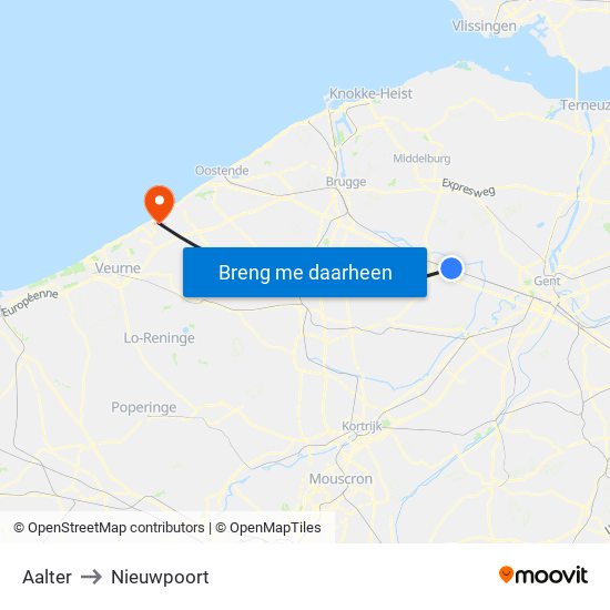 Aalter to Nieuwpoort map
