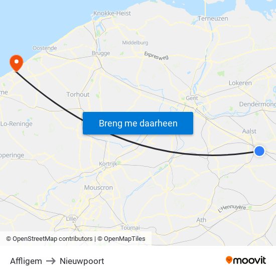 Affligem to Nieuwpoort map
