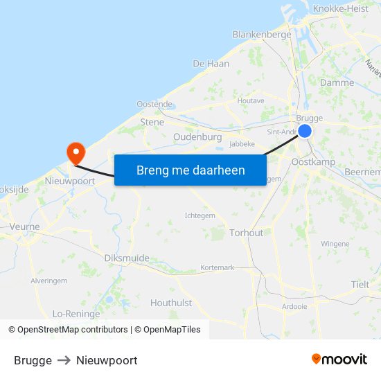 Brugge to Nieuwpoort map