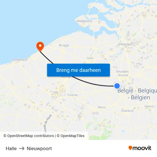 Halle to Nieuwpoort map