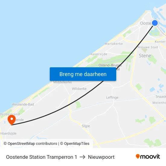 Oostende Station Tramperron 1 to Nieuwpoort map