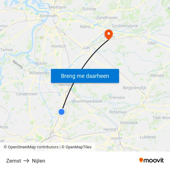 Zemst to Nijlen map