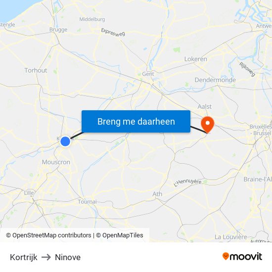 Kortrijk to Ninove map