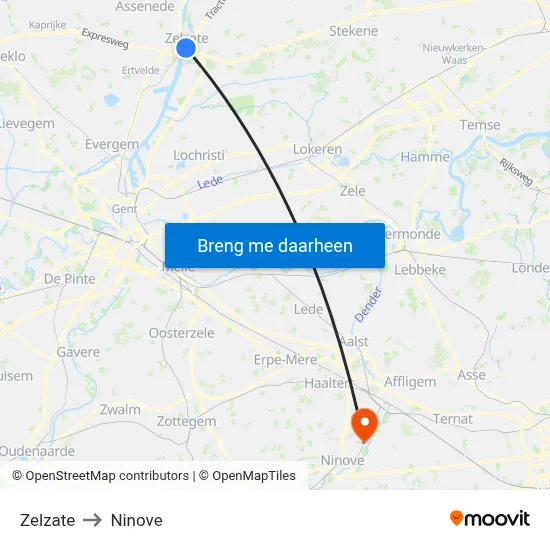 Zelzate to Ninove map