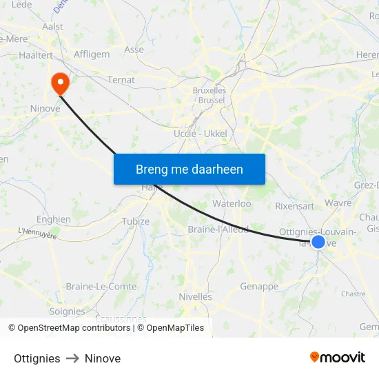 Ottignies to Ninove map