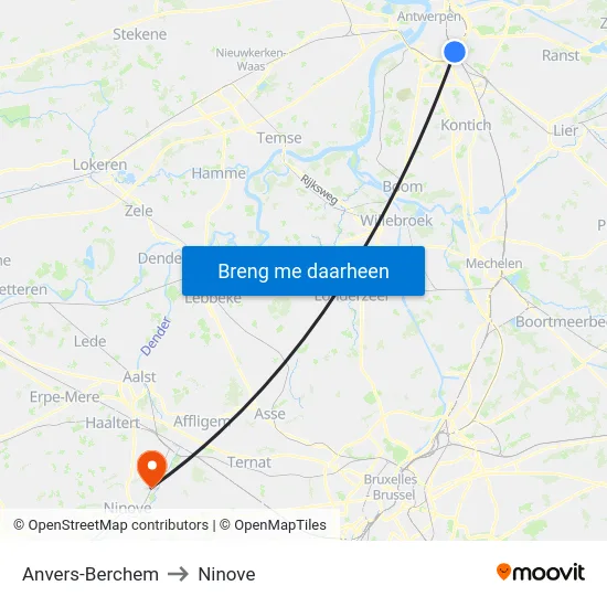 Anvers-Berchem to Ninove map