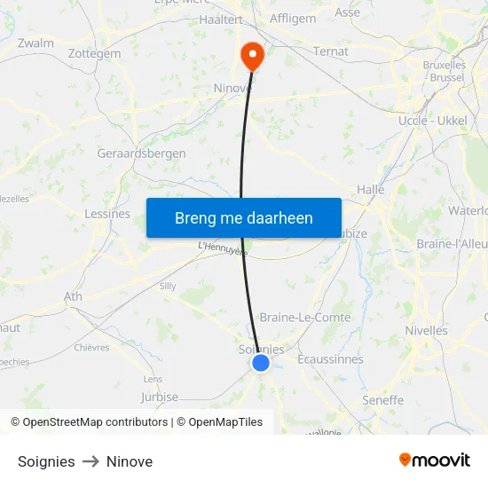 Soignies to Ninove map