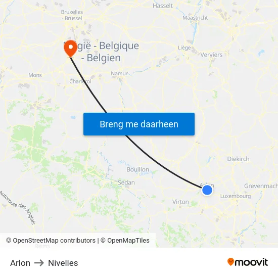 Arlon to Nivelles map