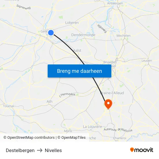 Destelbergen to Nivelles map