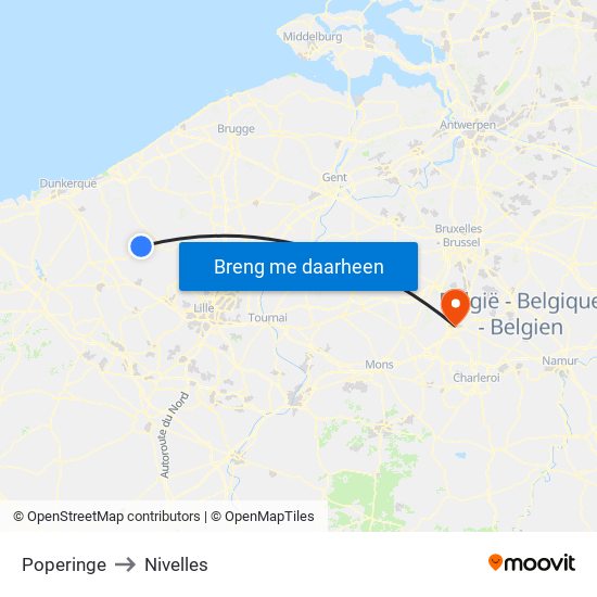 Poperinge to Nivelles map