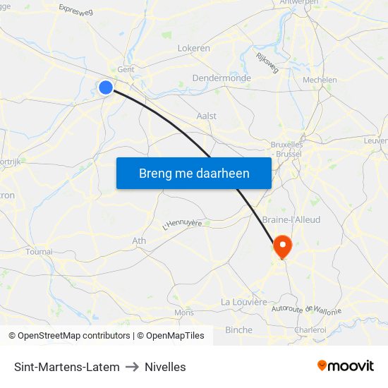 Sint-Martens-Latem to Nivelles map