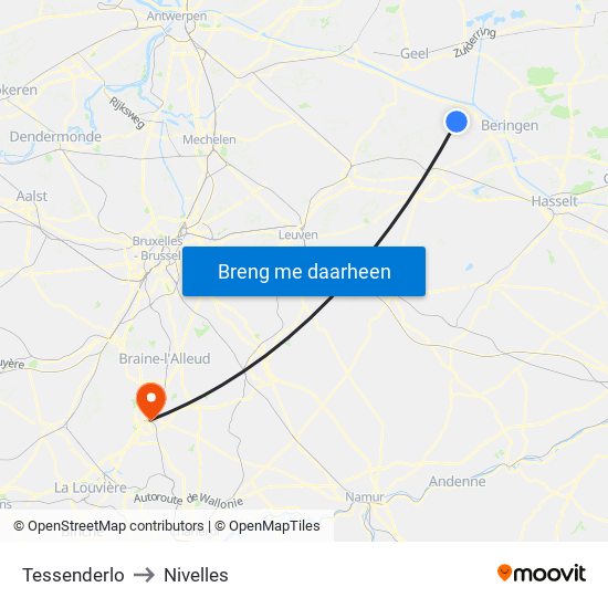 Tessenderlo to Nivelles map