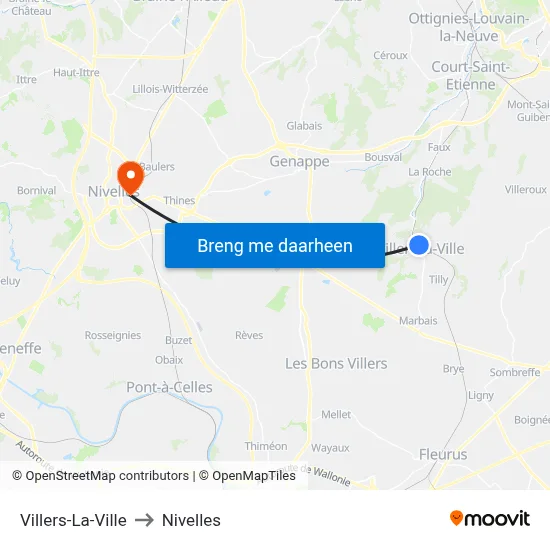 Villers-La-Ville to Nivelles map