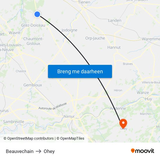 Beauvechain to Ohey map