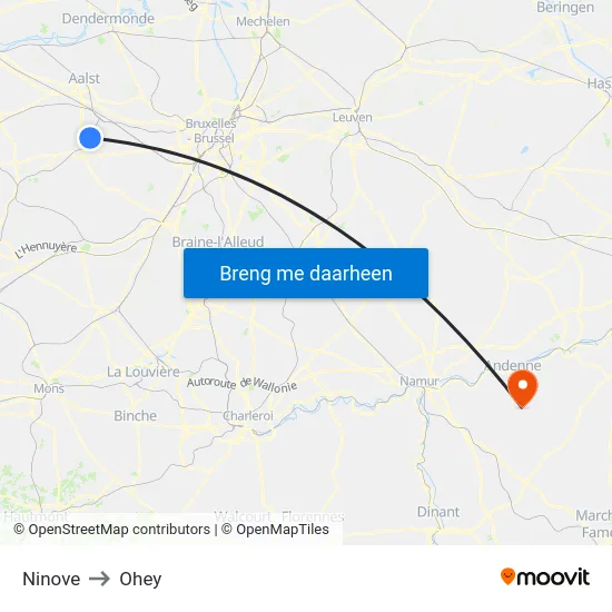 Ninove to Ohey map