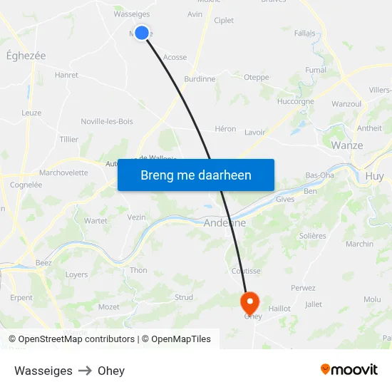 Wasseiges to Ohey map