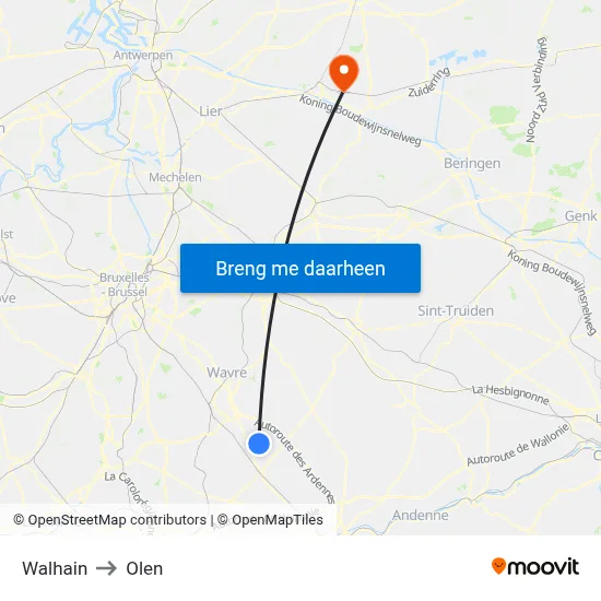 Walhain to Olen map