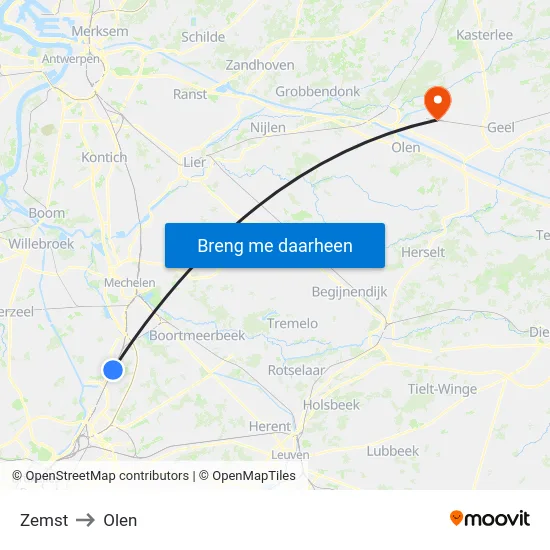 Zemst to Olen map
